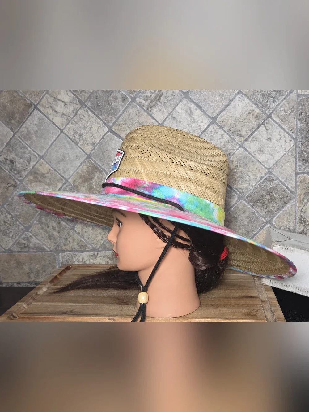 Holden Beach N. C. Lucky 7 Wide Brim Straw Sun Hat - Tie-Dye Brim One Size Adult
